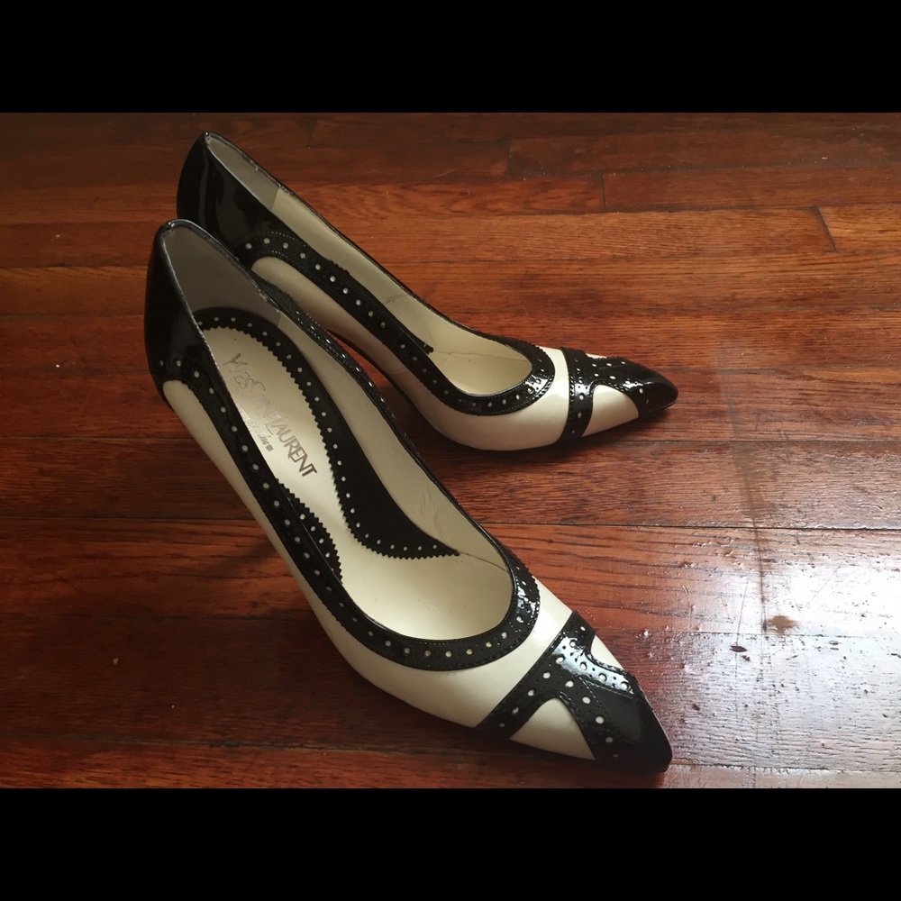 Yves Saint Laurent Two-Tone Black and Cream Pointed Toe Pumps